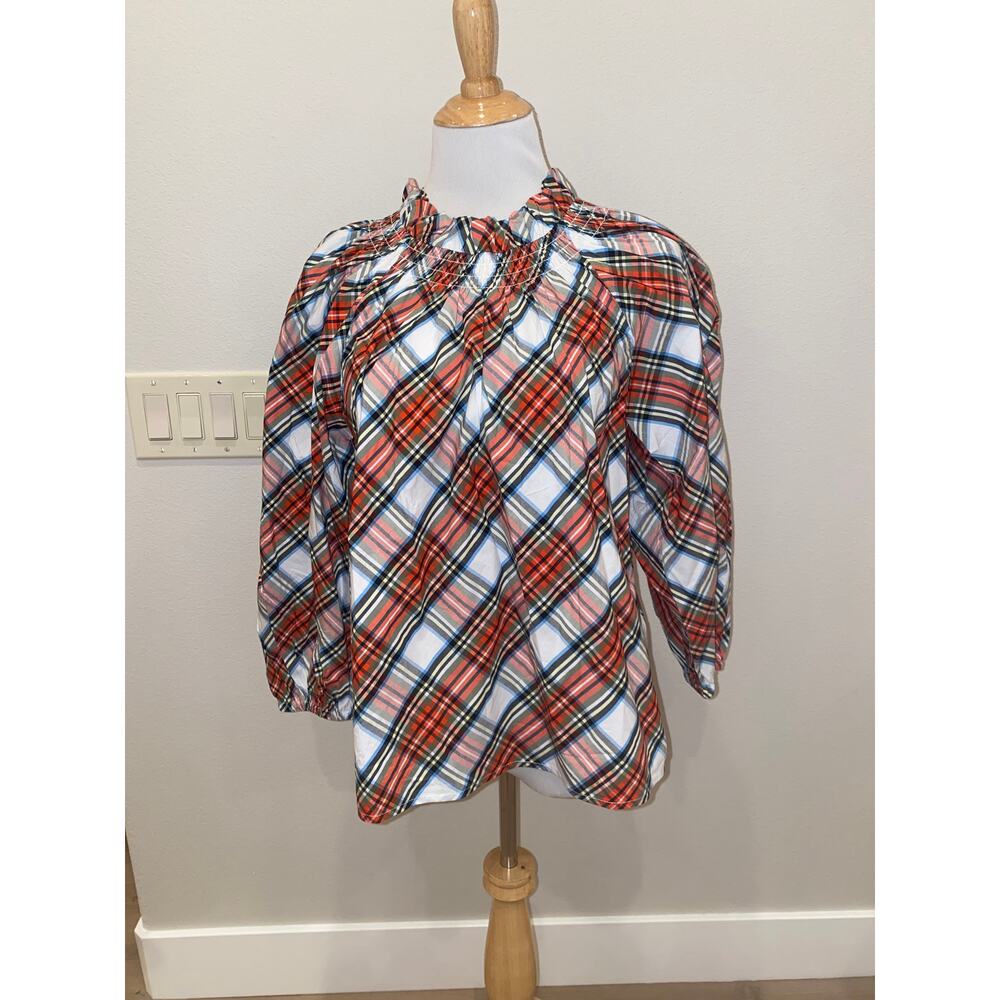 J Crew Smocked Neck Cotton Poplin Top Plaid Snowy Stewart Tartan  NWT Medium